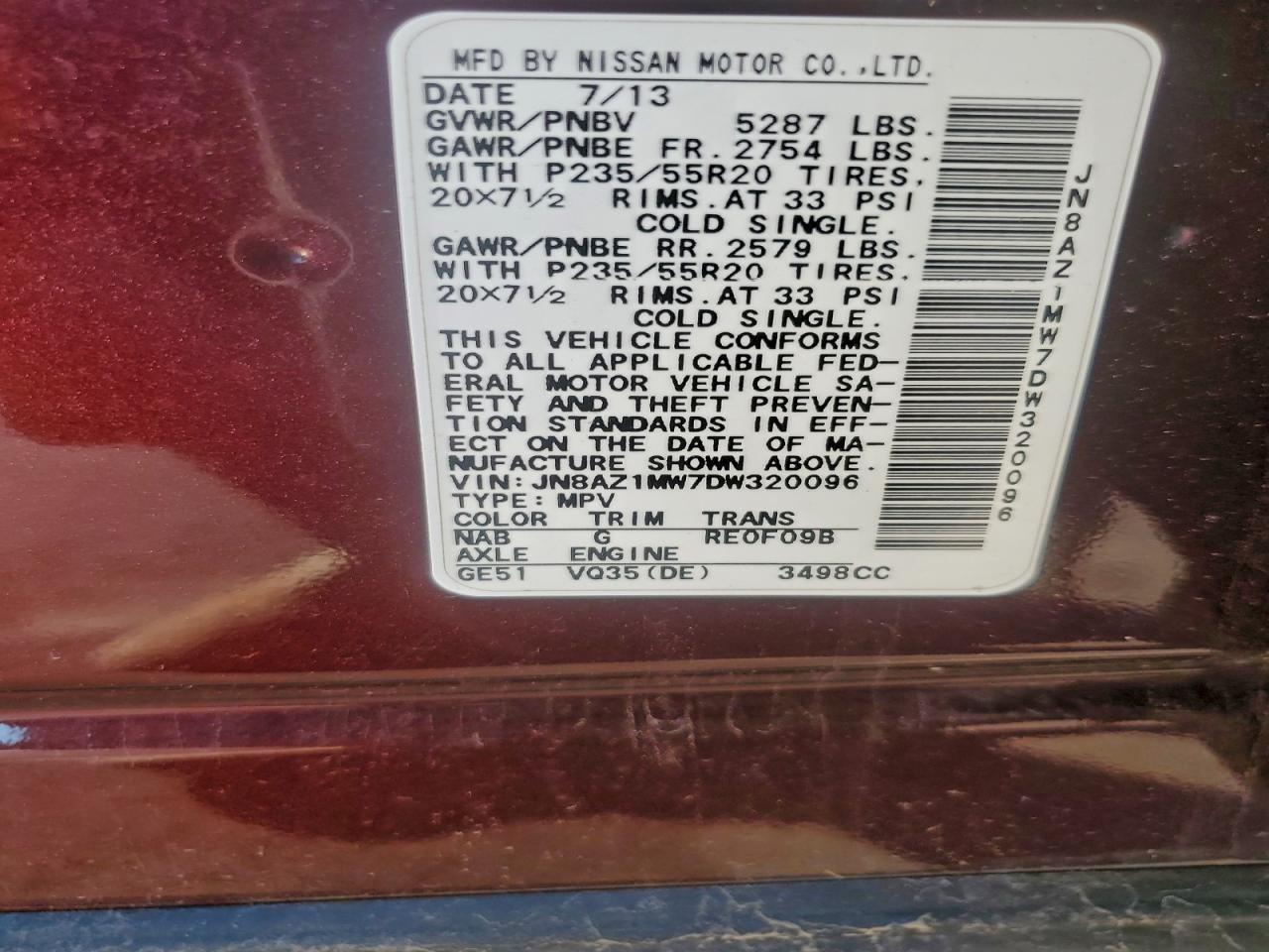 2013 Nissan Murano S VIN: JN8AZ1MW7DW320096 Lot: 94708135