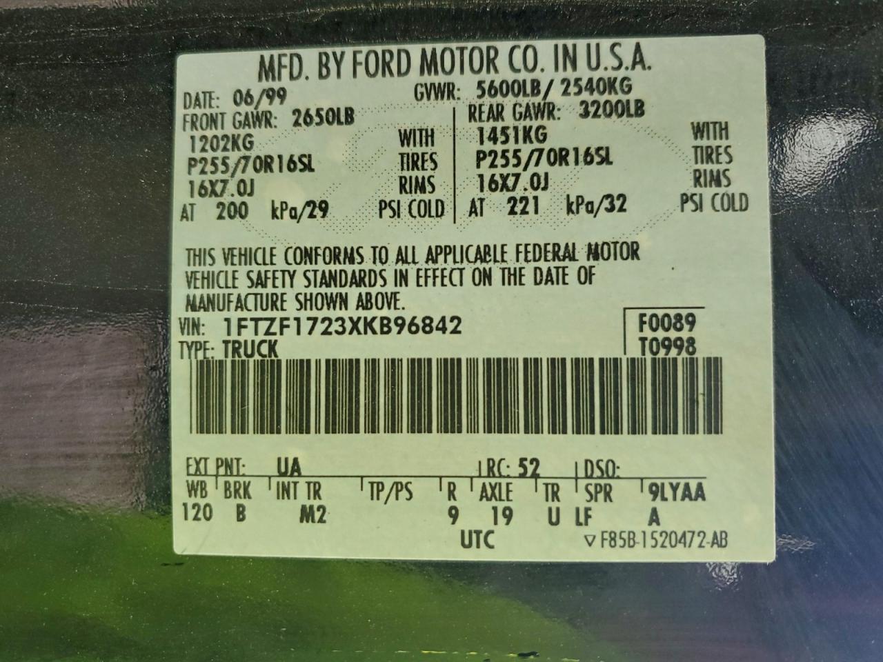 1999 Ford F150 VIN: 1FTZF1723XKB96842 Lot: 93316185