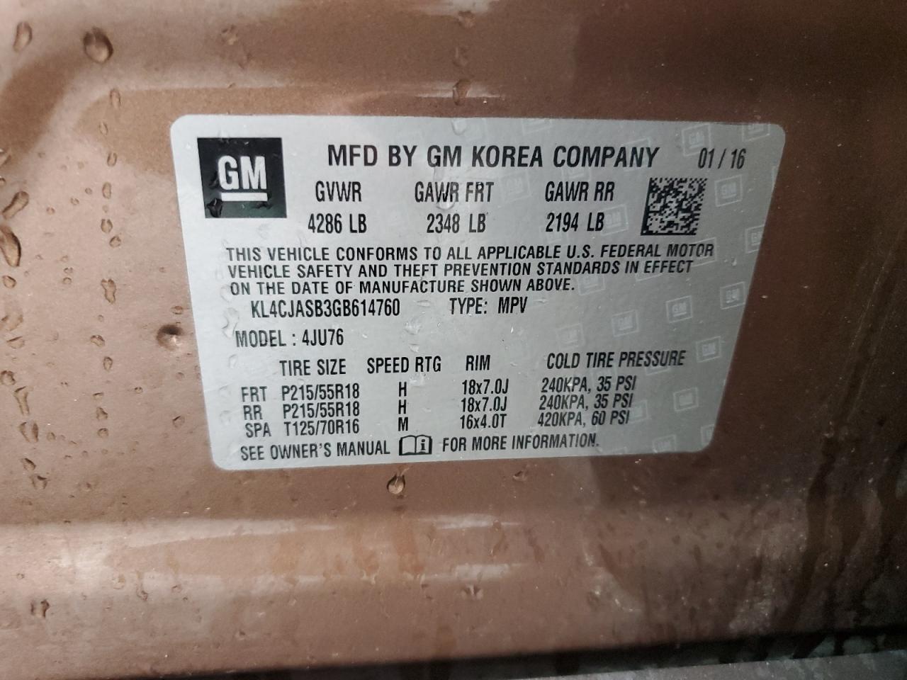 2016 Buick Encore VIN: KL4CJASB3GB614760 Lot: 93874805