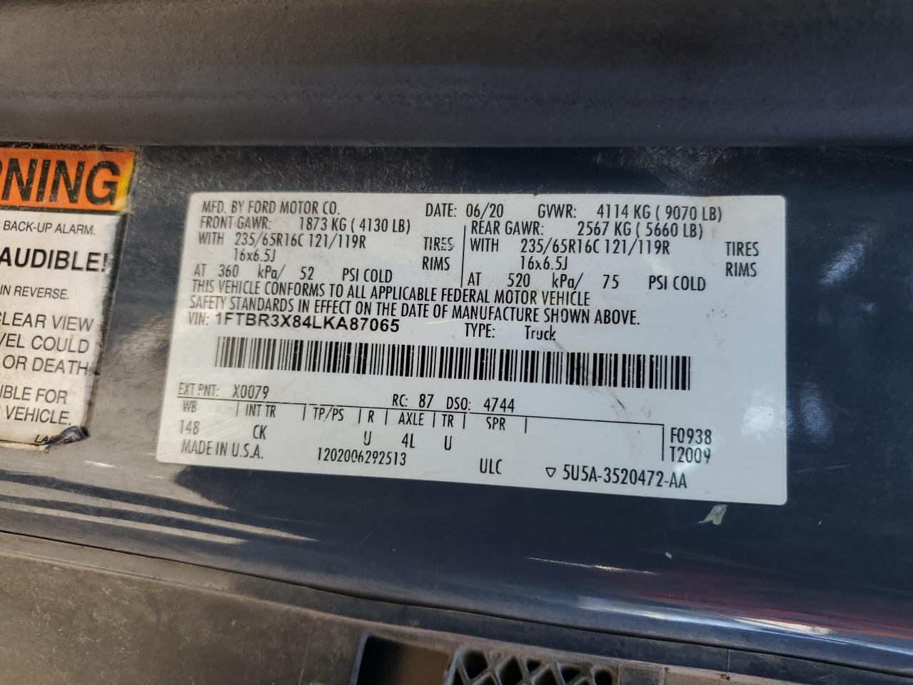 2020 Ford Transit Delivery Van VIN: 1FTBR3X84LKA87065 Lot: 90988345