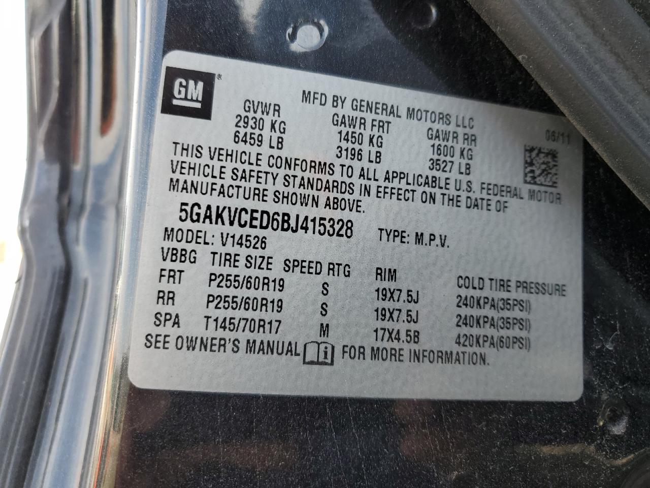 2011 Buick Enclave Cxl VIN: 5GAKVCED6BJ415328 Lot: 93456495