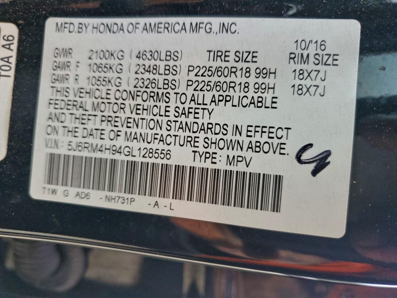 2016 Honda Cr-V Touring VIN: 5J6RM4H94GL128556 Lot: 94683815