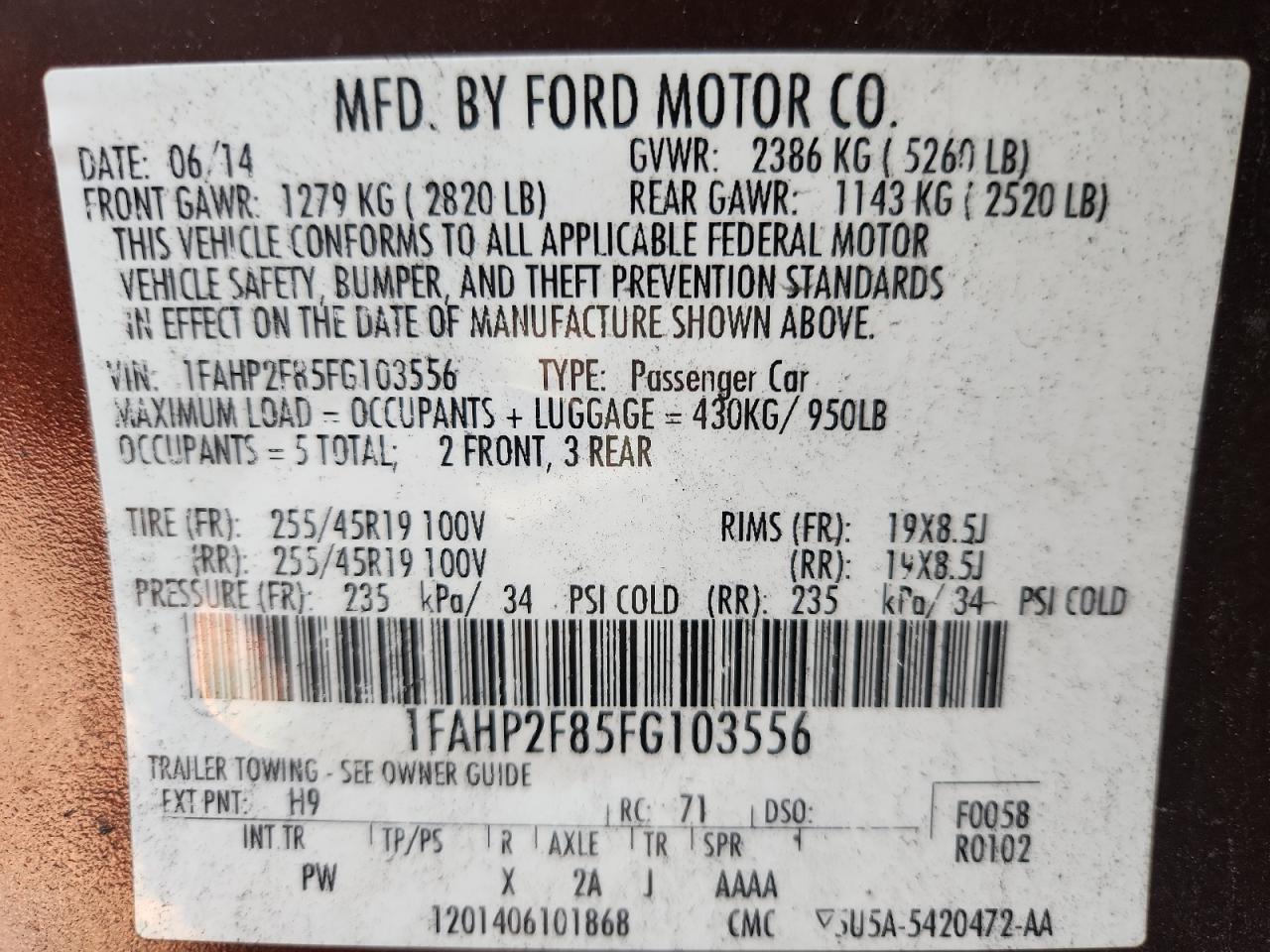 2015 Ford Taurus Limited VIN: 1FAHP2F85FG103556 Lot: 91422565