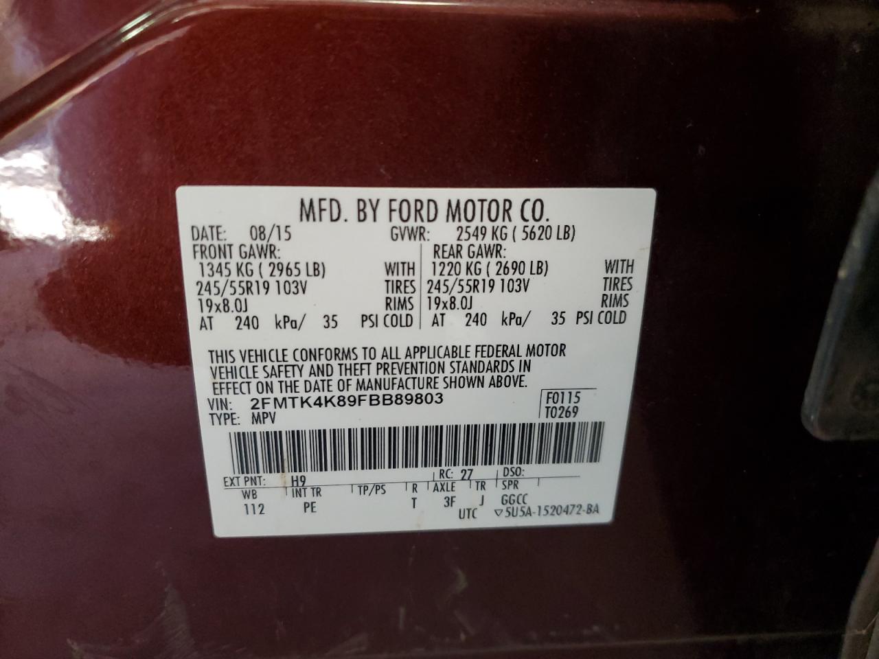 2015 Ford Edge Titanium VIN: 2FMTK4K89FBB89803 Lot: 91395515