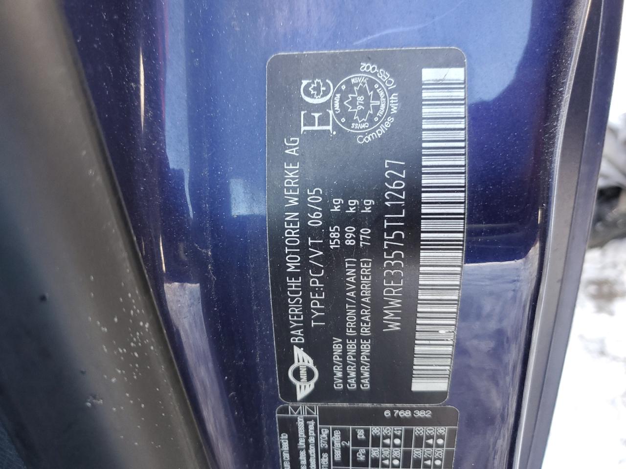 2005 Mini Cooper S VIN: WMWRE33575TL12627 Lot: 91993895