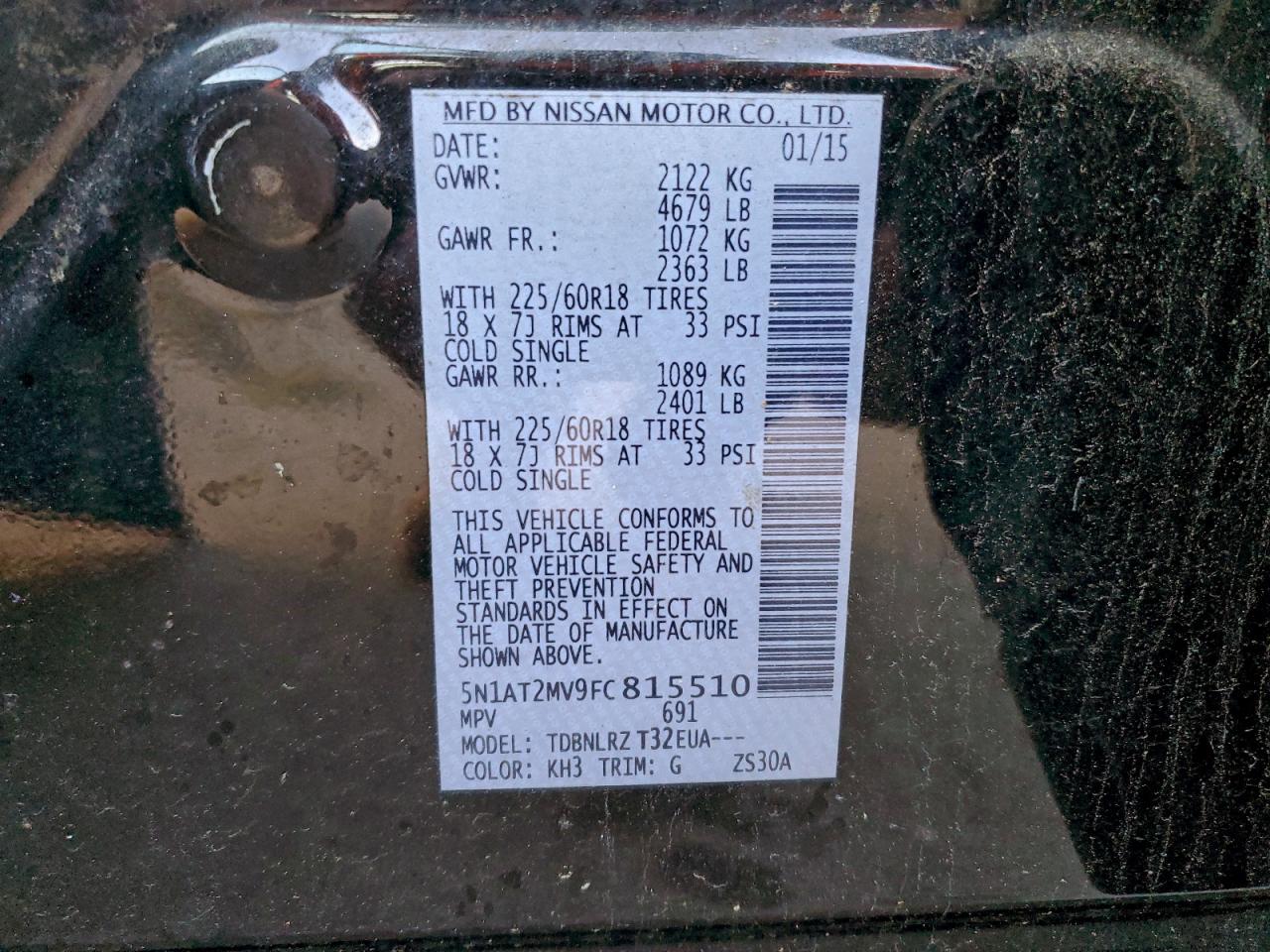 2015 Nissan Rogue S VIN: 5N1AT2MV9FC815510 Lot: 94306655