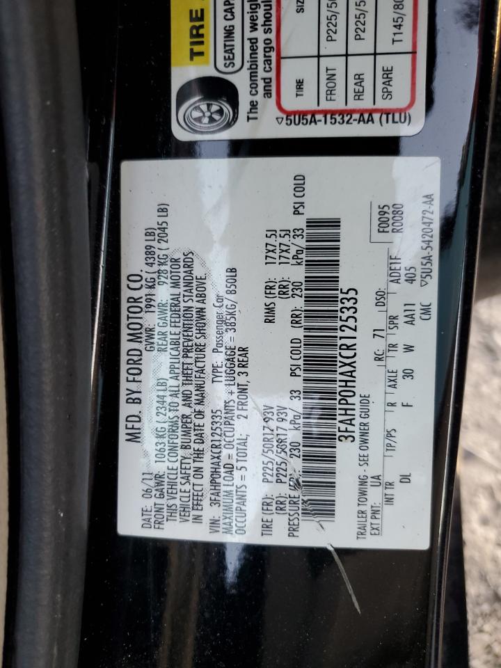 2012 Ford Fusion Se VIN: 3FAHP0HAXCR125335 Lot: 91699185