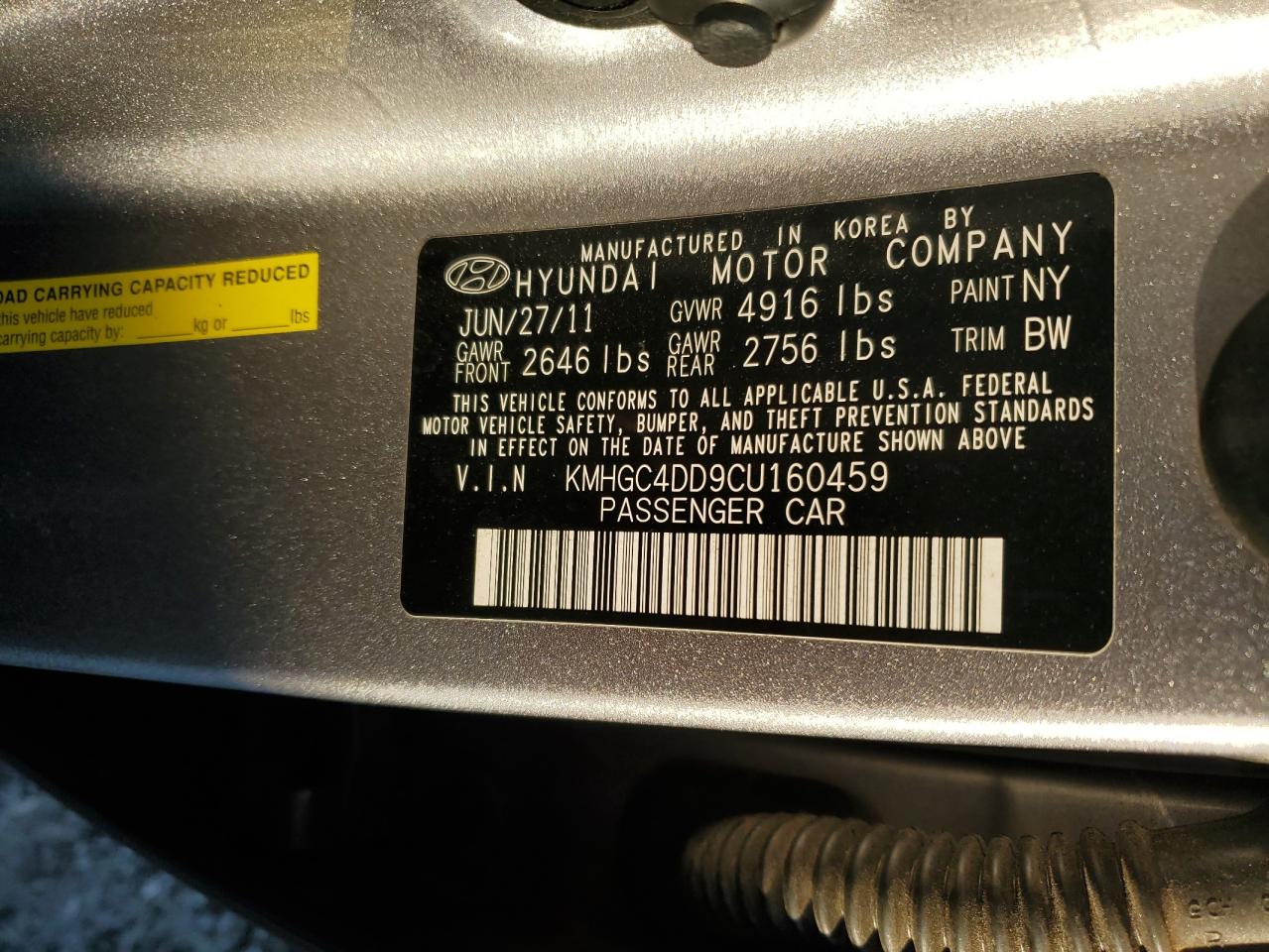 2012 Hyundai Genesis 3.8L VIN: KMHGC4DD9CU160459 Lot: 91273905