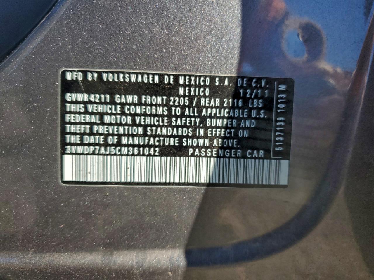 2012 Volkswagen Jetta Se VIN: 3VWDP7AJ5CM361042 Lot: 94087975