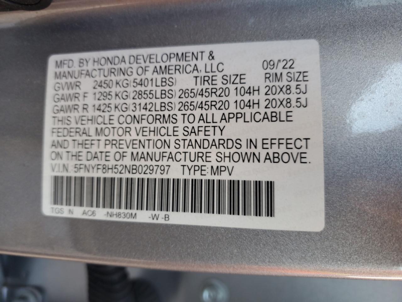 2022 Honda Passport Exl VIN: 5FNYF8H52NB029797 Lot: 92513595