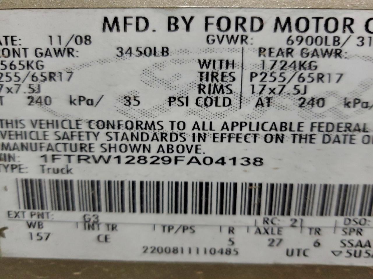 2009 Ford F150 Super VIN: A04138 Lot: 94421975