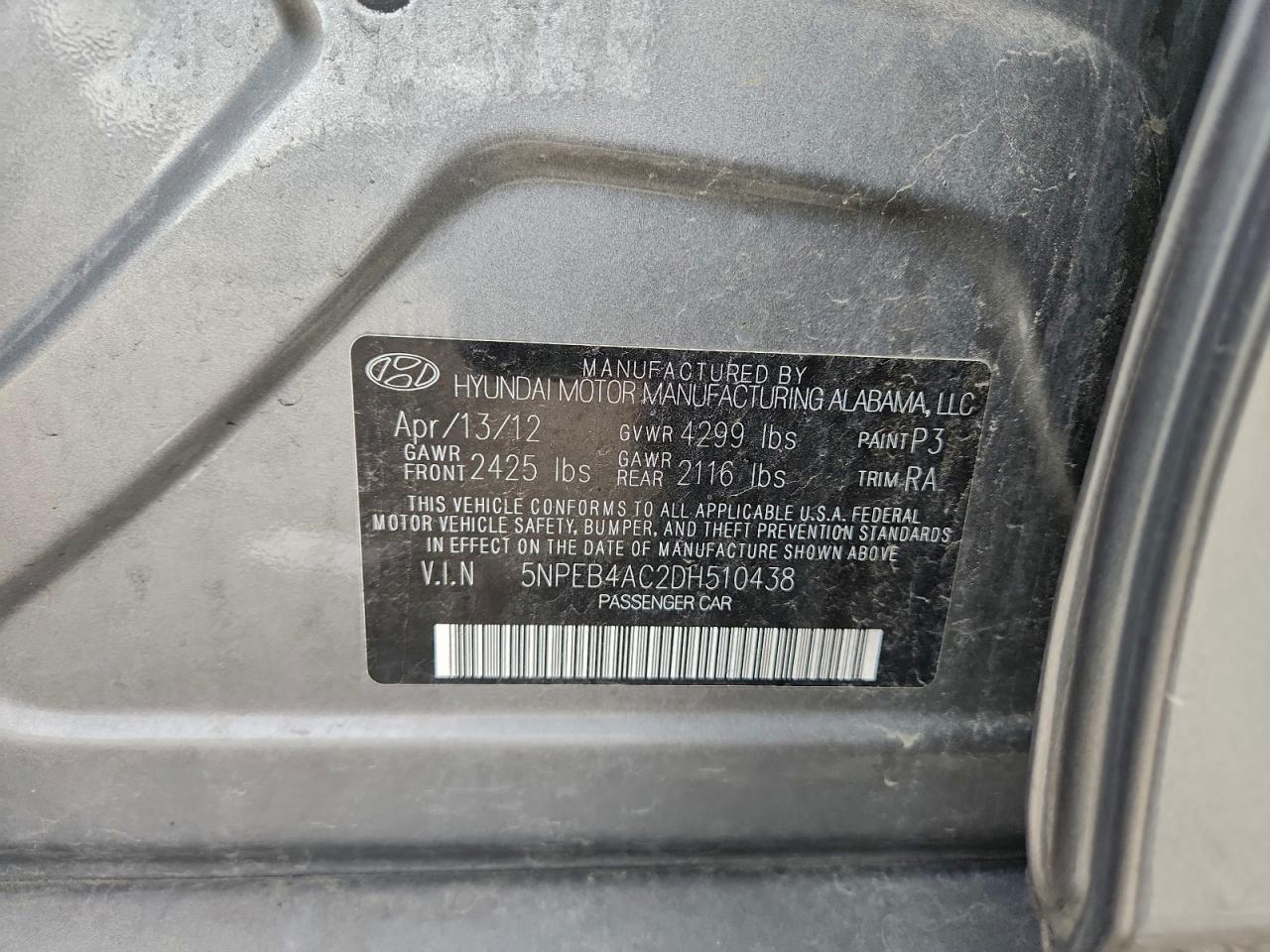 2013 Hyundai Sonata Gls VIN: 5NPEB4AC2DH510438 Lot: 94393445