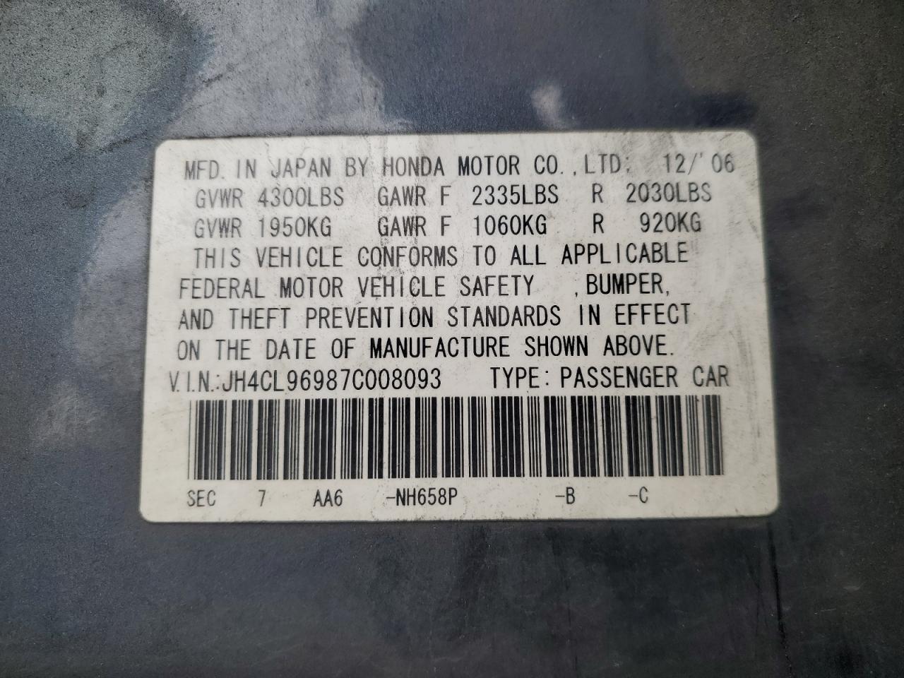 2007 Acura Tsx VIN: JH4CL96987C008093 Lot: 92683765