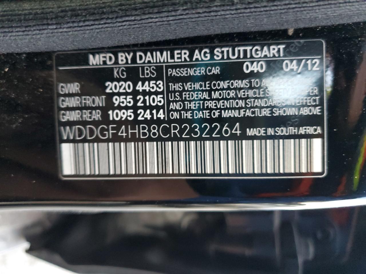 2012 Mercedes-Benz C 250 VIN: WDDGF4HB8CR232264 Lot: 93556985