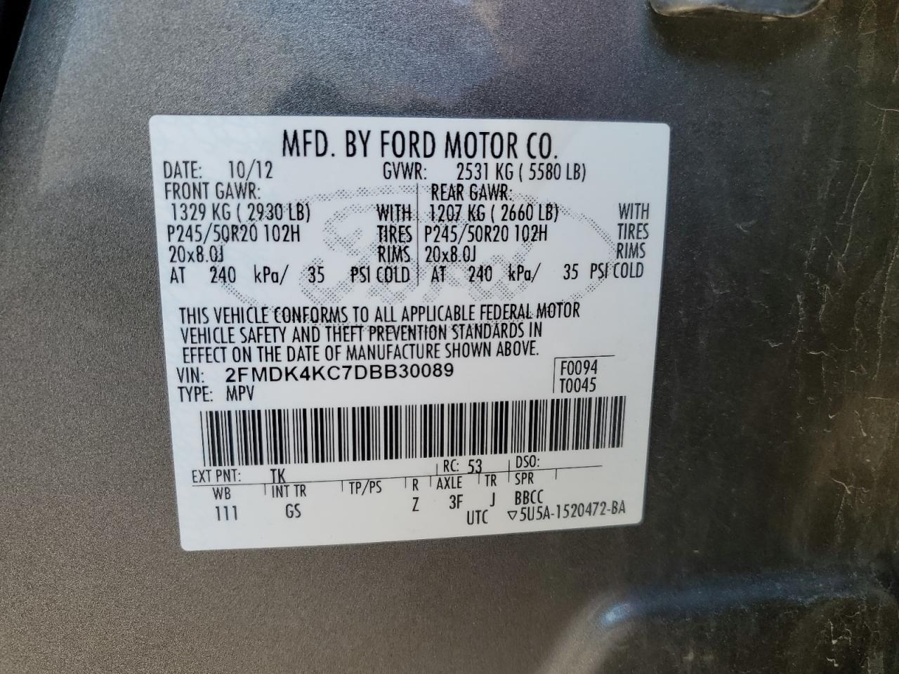 2013 Ford Edge Limited VIN: 2FMDK4KC7DBB30089 Lot: 92464275