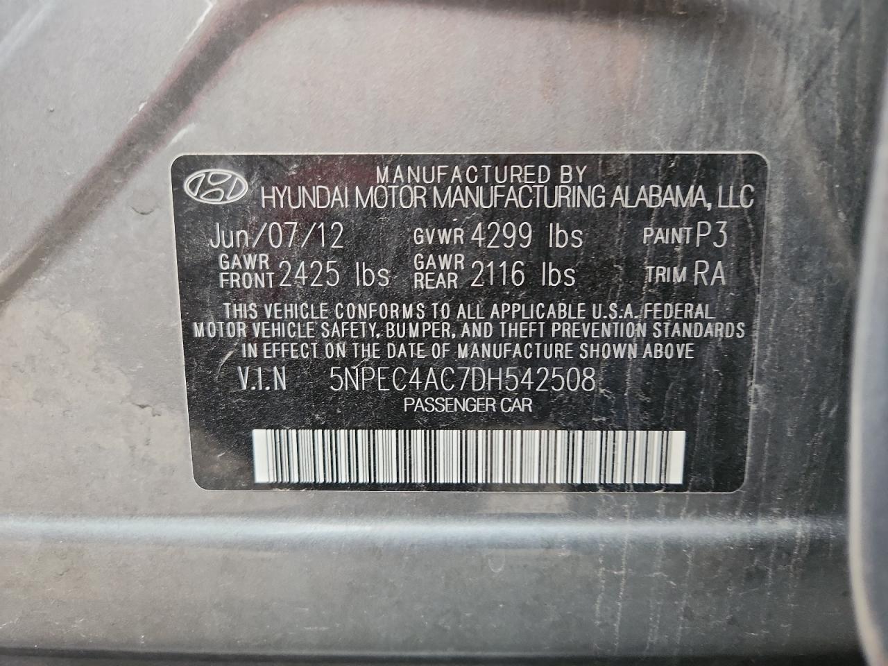 2013 Hyundai Sonata Se VIN: 5NPEC4AC7DH542508 Lot: 93376275