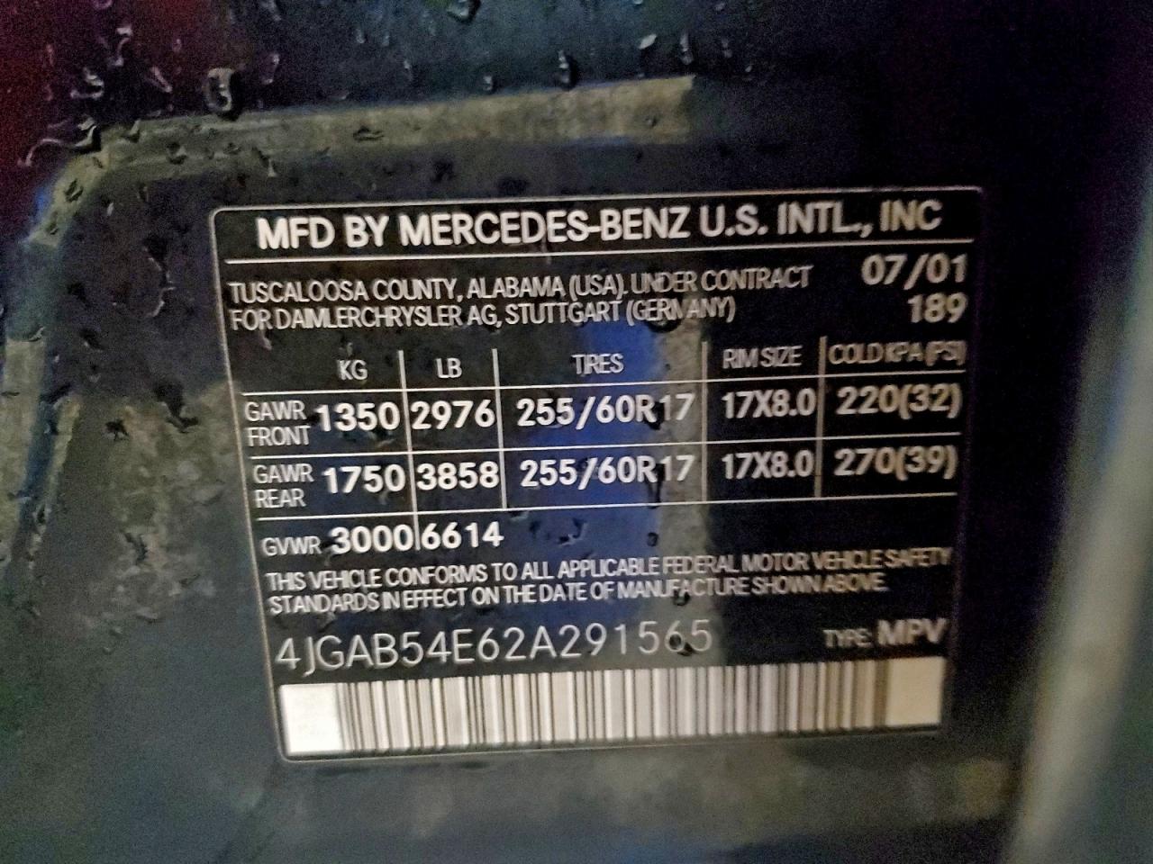 2002 Mercedes-Benz Ml 320 VIN: 4JGAB54E62A291565 Lot: 94127245