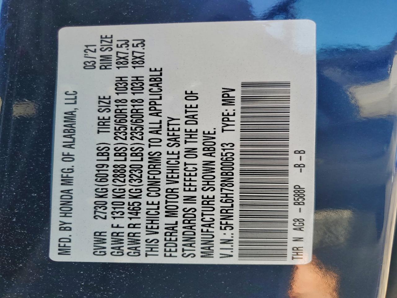 2022 Honda Odyssey Exl VIN: 5FNRL6H78NB006513 Lot: 93748965