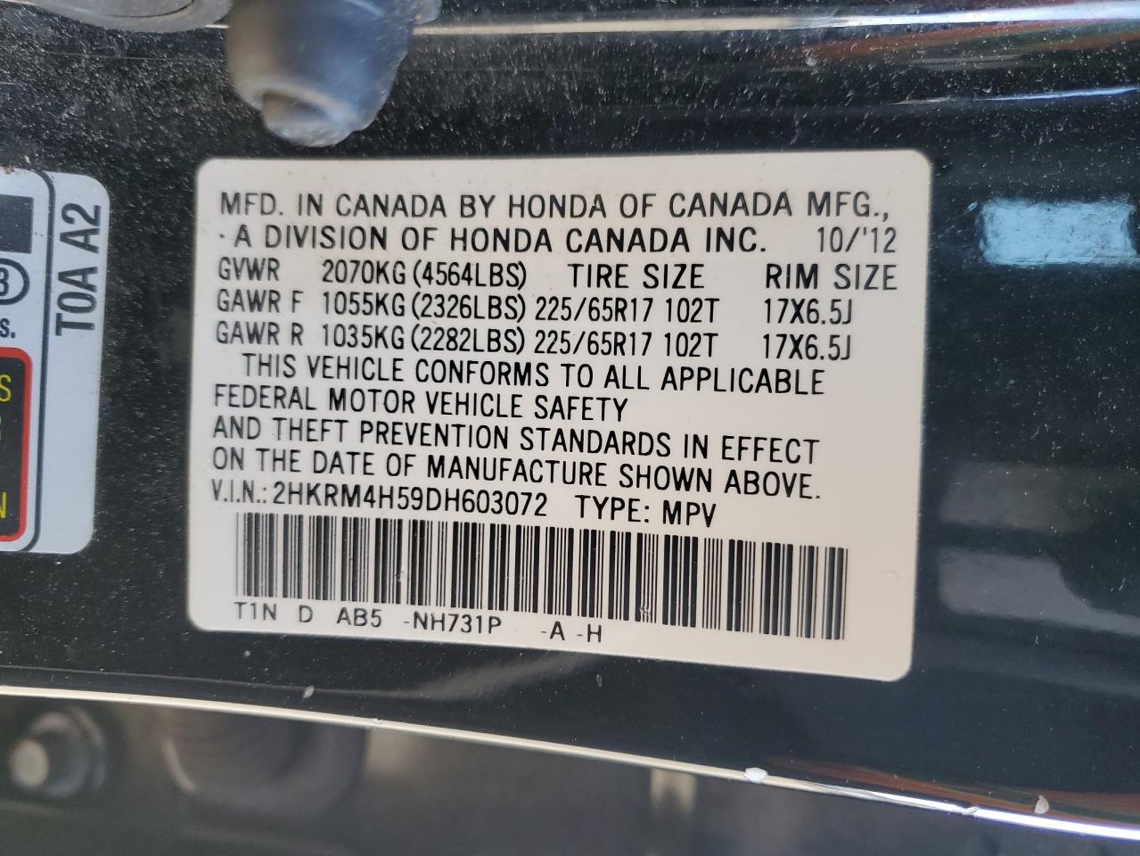 2013 Honda Cr-V Ex VIN: 2HKRM4H59DH603072 Lot: 92007255