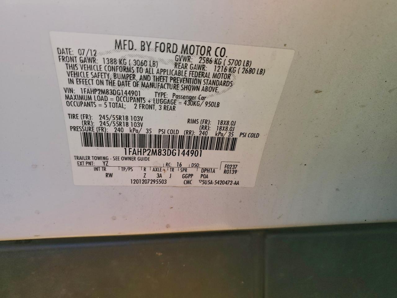 2013 Ford Taurus Police Interceptor VIN: 1FAHP2M83DG144901 Lot: 93684675