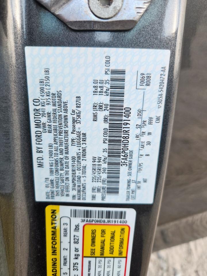 2018 Ford Fusion Se VIN: 3FA6P0HD8JR191400 Lot: 91566755