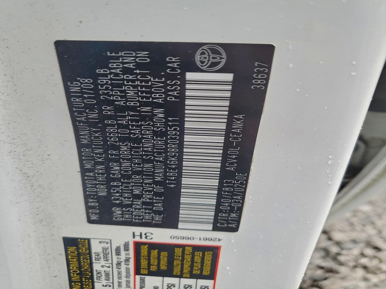 2008 Toyota Camry Ce VIN: 4T4BE46K98R039511 Lot: 94576585