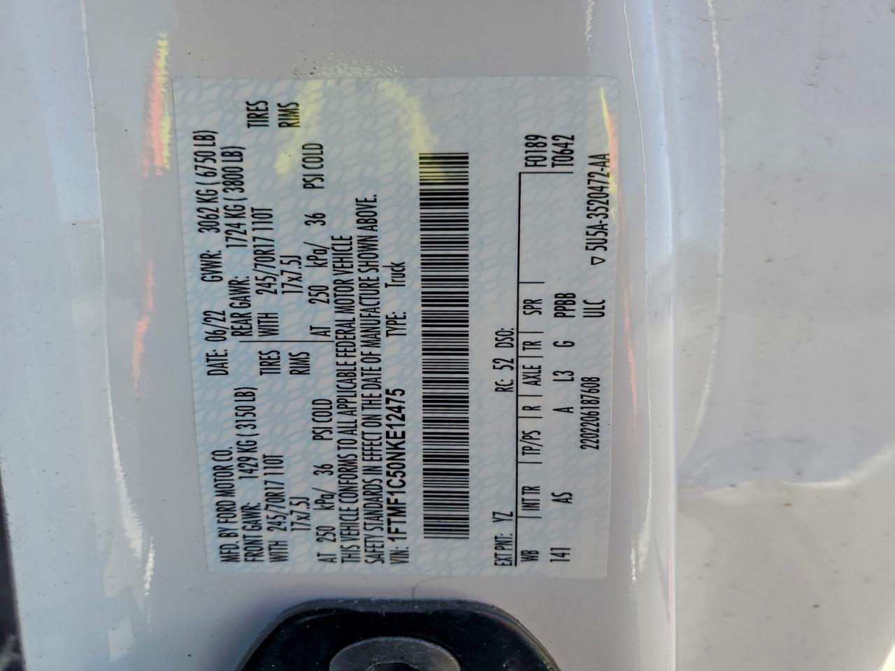 2022 Ford F150 VIN: 1FTMF1C50NKE12475 Lot: 92280145