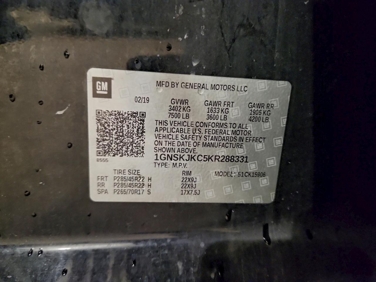 2019 Chevrolet Suburban K1500 Premier VIN: 1GNSKJKC5KR288331 Lot: 93683125