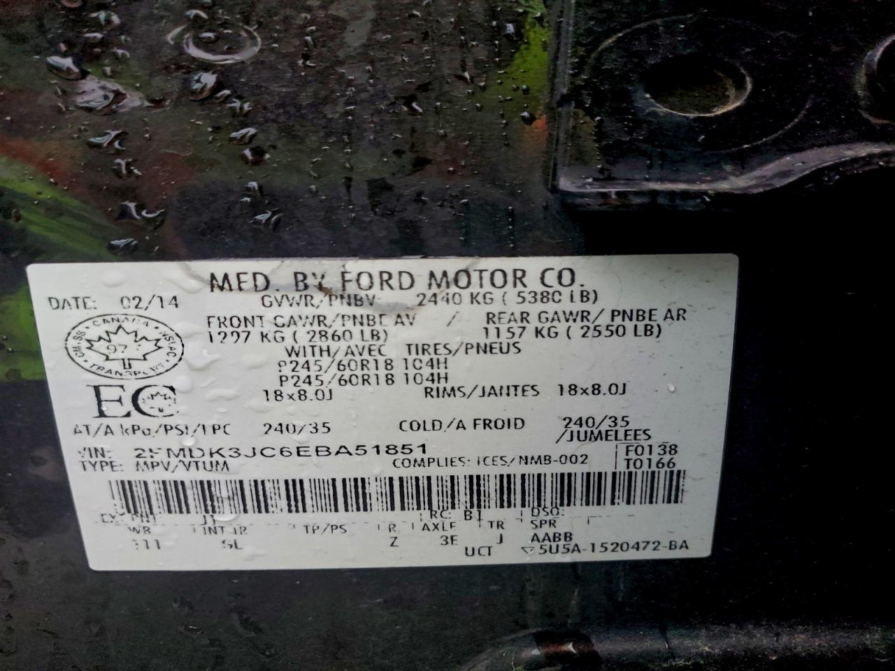 2014 Ford Edge Sel VIN: 2FMDK3JC6EBA51851 Lot: 94320025