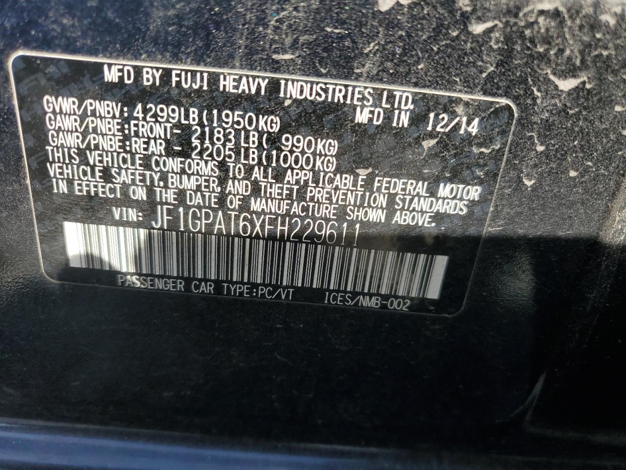 2015 Subaru Impreza Sport VIN: JF1GPAT6XFH229611 Lot: 93319385