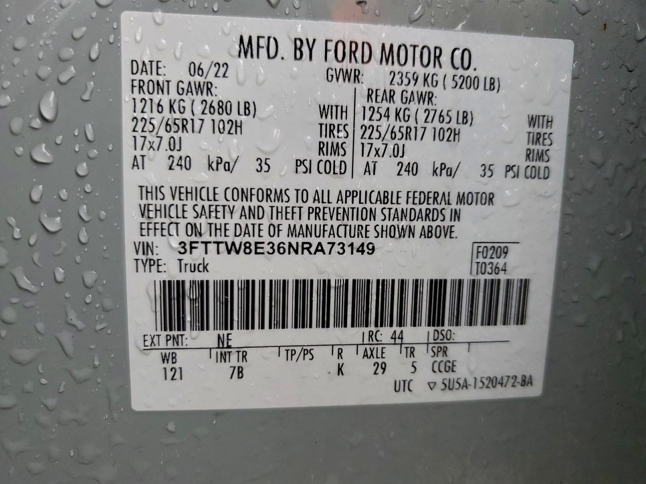 2022 Ford Maverick Xl VIN: 3FTTW8E36NRA73149 Lot: 94321765