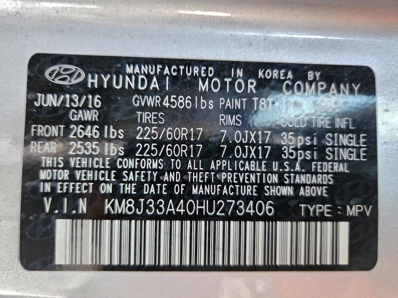 2017 Hyundai Tucson Limited VIN: KM8J33A40HU273406 Lot: 94380385