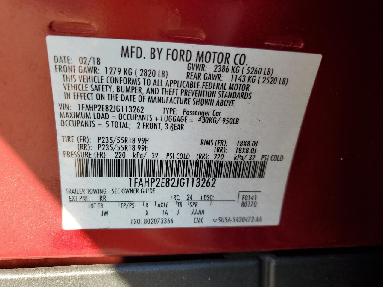 2018 Ford Taurus Sel VIN: 1FAHP2E82JG113262 Lot: 91991955