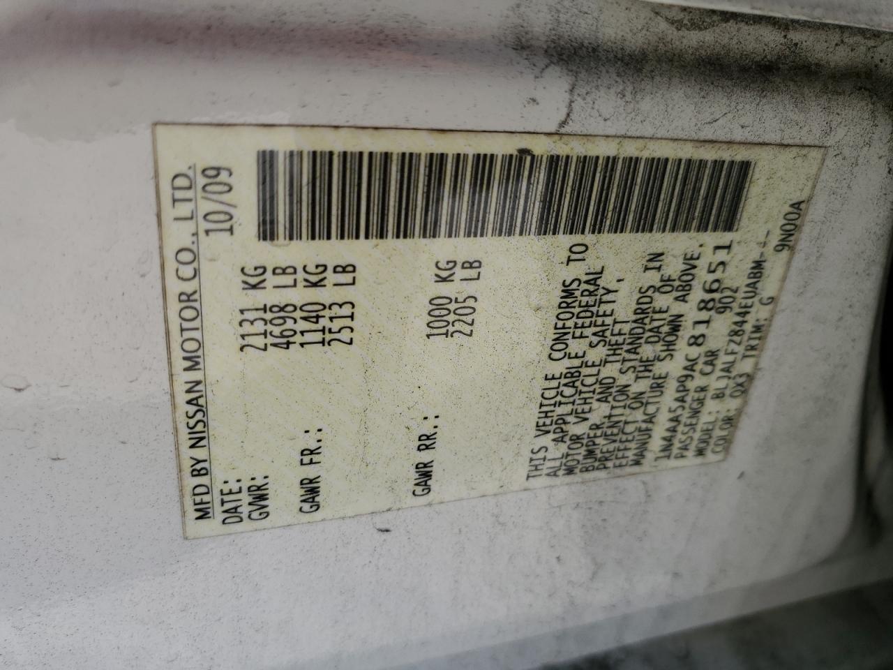 2010 Nissan Maxima S VIN: 1N4AA5AP9AC818651 Lot: 93000885