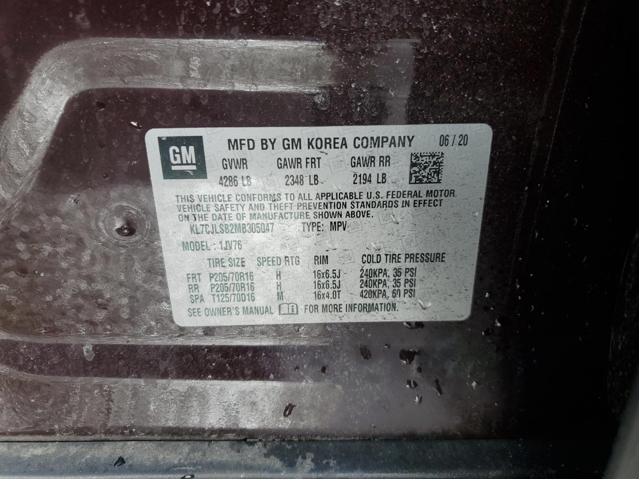 2021 Chevrolet Trax 1Lt VIN: KL7CJLSB2MB305047 Lot: 91682275