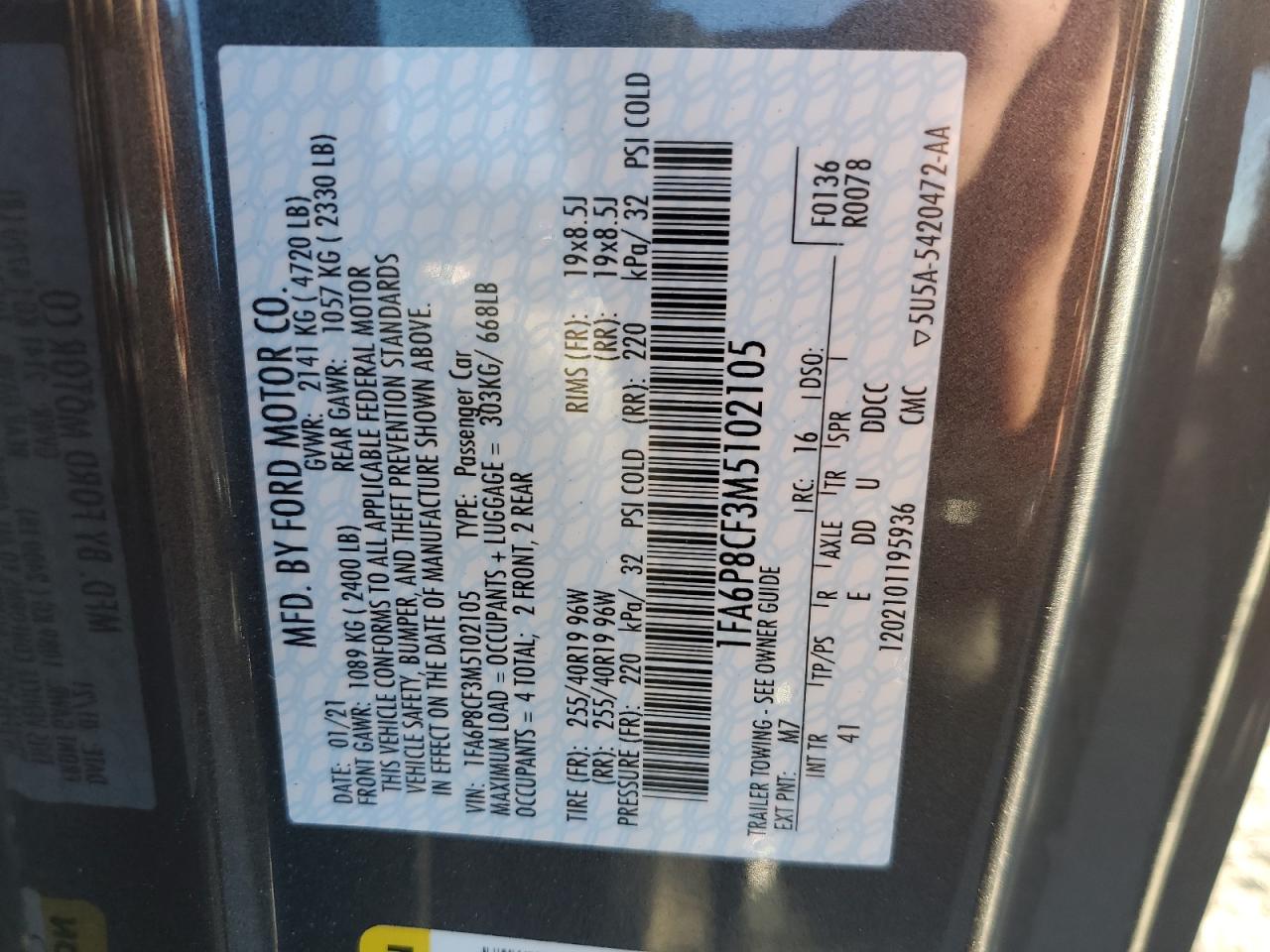 2021 Ford Mustang Gt VIN: 1FA6P8CF3M5102105 Lot: 92531465