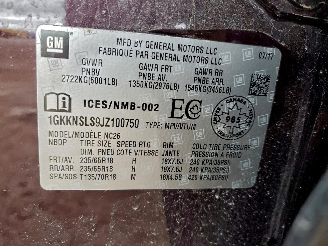 2018 GMC Acadia Sle VIN: 1GKKNSLS9JZ100750 Lot: 93449935