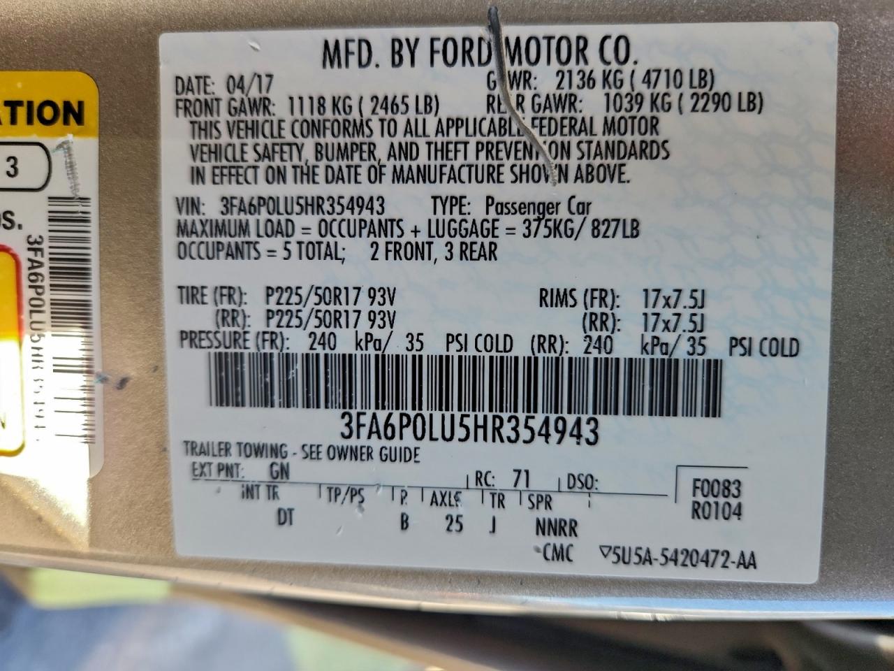 2017 Ford Fusion Se Hybrid VIN: 3FA6P0LU5HR354943 Lot: 94301175