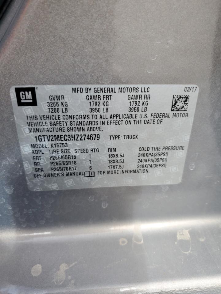 2017 GMC Sierra K1500 Sle VIN: 1GTV2MEC3HZ274679 Lot: 91681255
