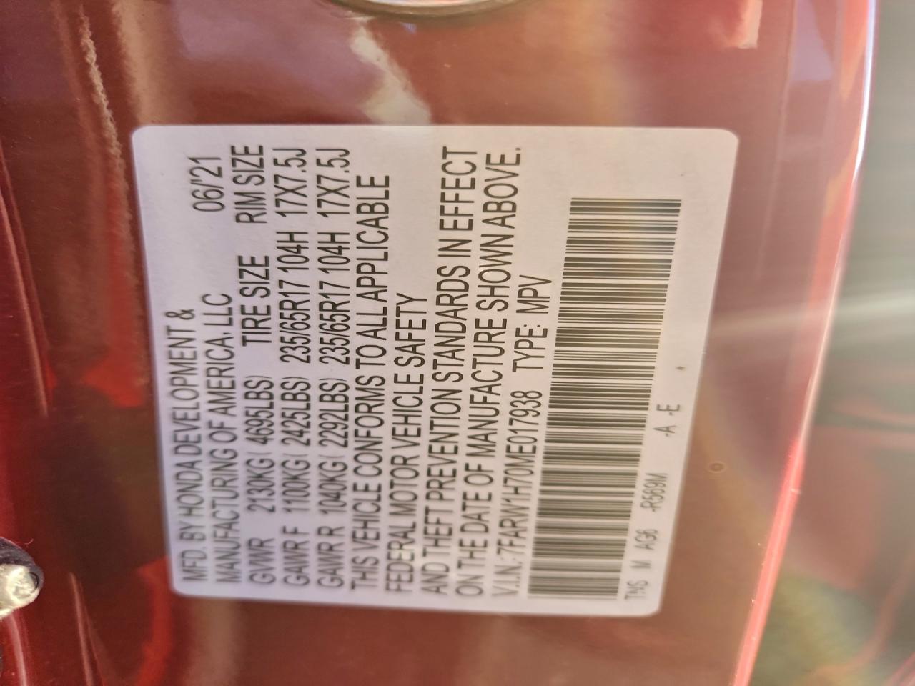 2021 Honda Cr-V Se VIN: 7FARW1H70ME017938 Lot: 94062235