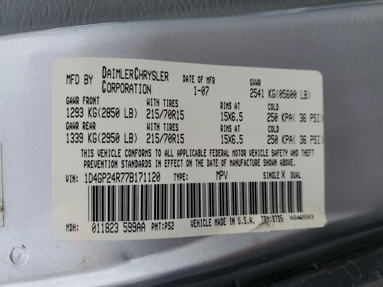 2007 Dodge Grand Caravan Se VIN: 1D4GP24R77B171120 Lot: 92816235