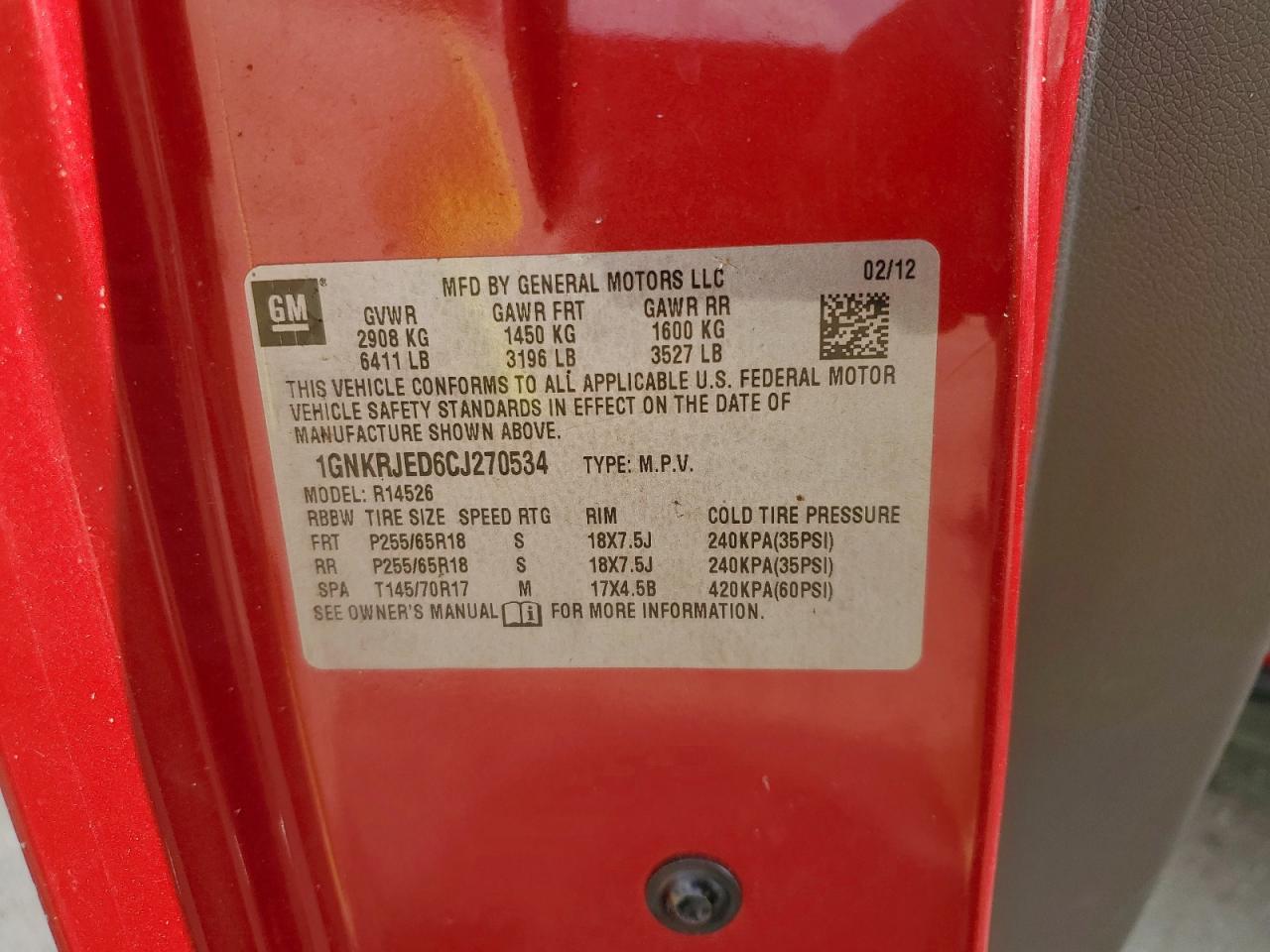 2012 Chevrolet Traverse VIN: 1GNKRJED6CJ270534 Lot: 93328875