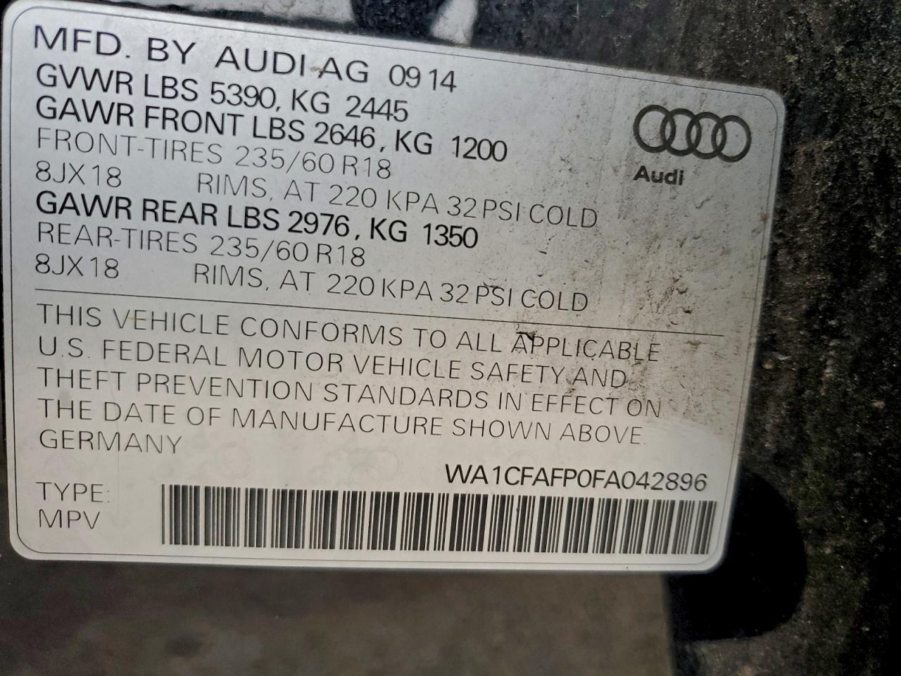 2015 Audi Q5 Premium VIN: WA1CFAFP0FA042896 Lot: 91096005