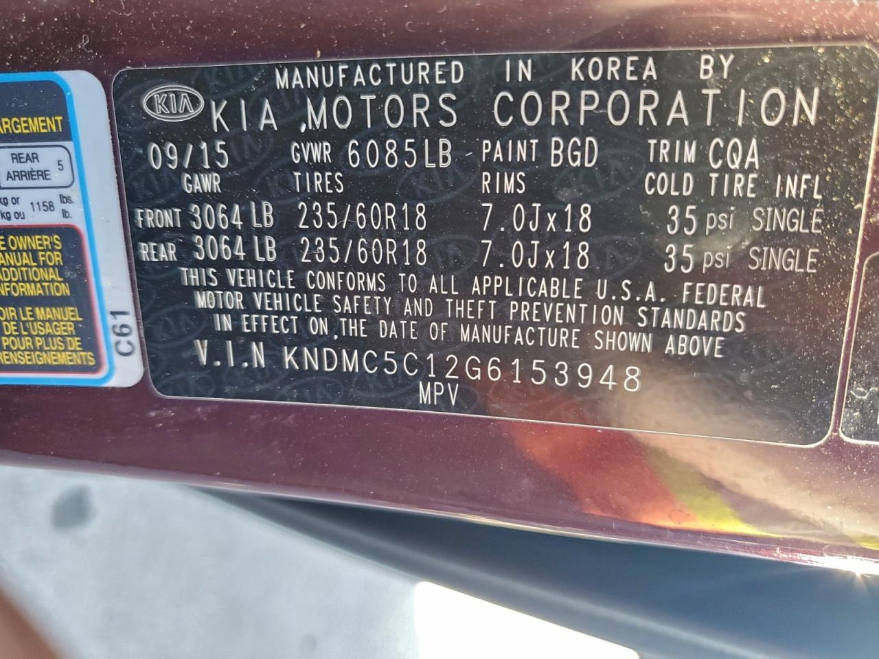 2016 Kia Sedona Ex VIN: KNDMC5C12G6153948 Lot: 93065625