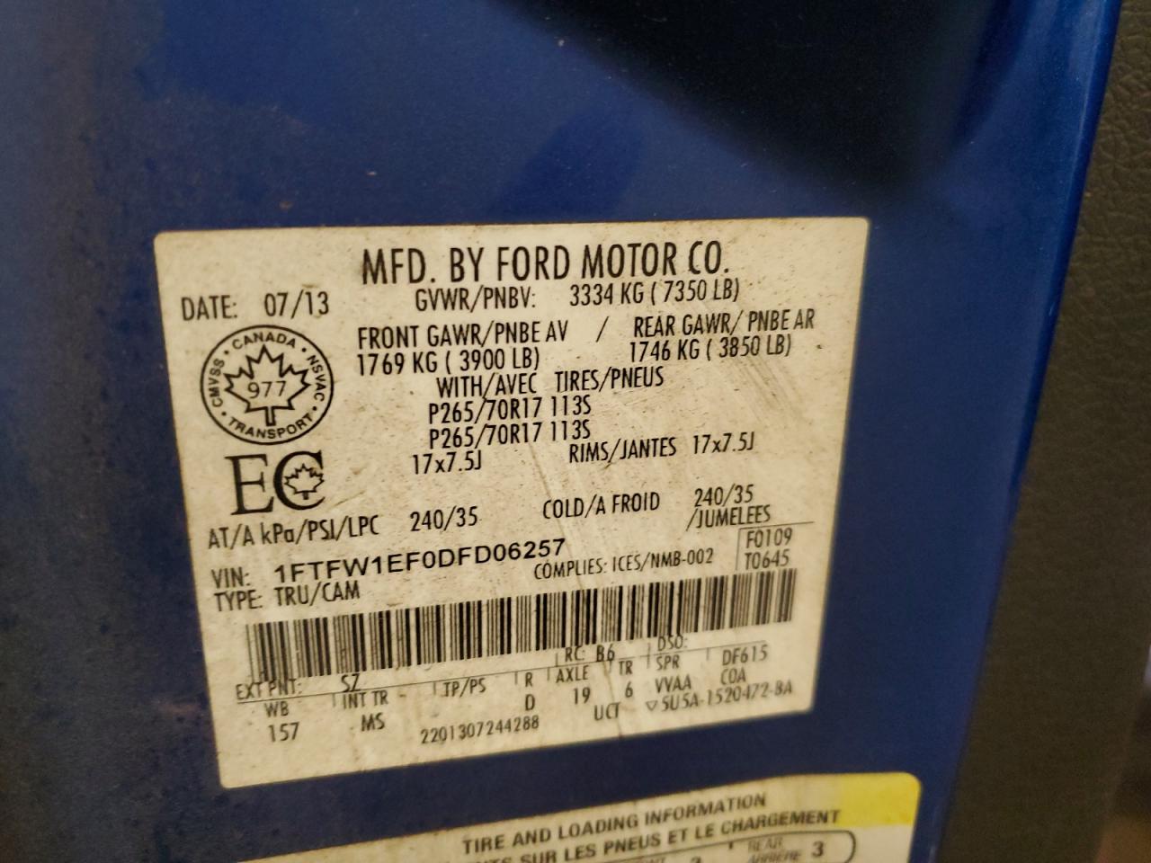 2013 Ford F150 Supercrew VIN: 1FTFW1EF0DFD06257 Lot: 91668025