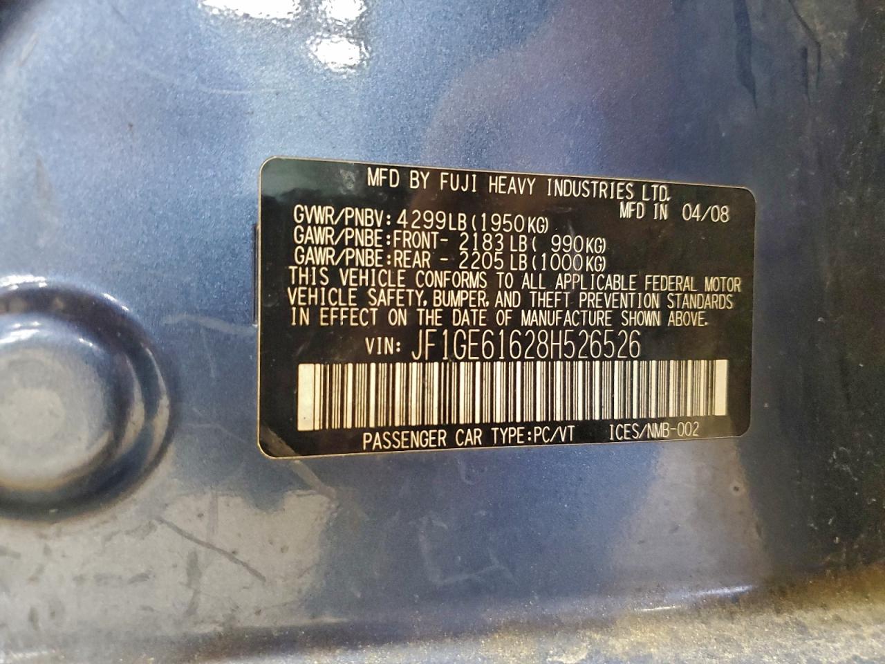 2008 Subaru Impreza 2.5I VIN: JF1GE61628H526526 Lot: 85438865