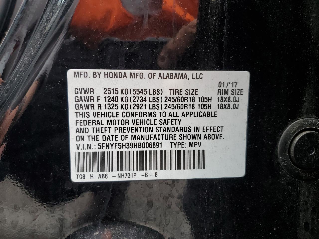 2017 Honda Pilot Ex VIN: 5FNYF5H39HB006891 Lot: 91245265