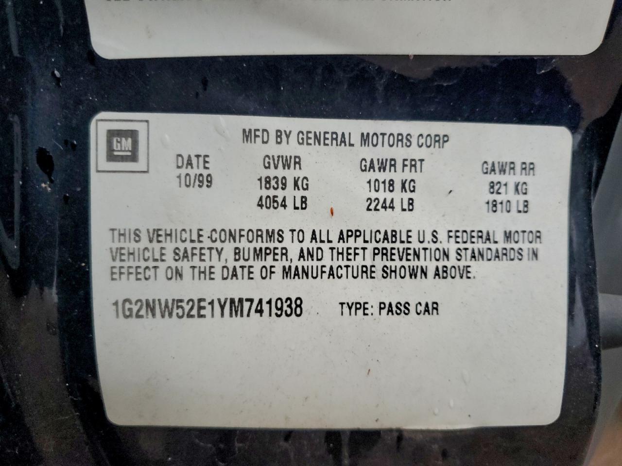 2000 Pontiac Grand Am Gt VIN: 1G2NW52E1YM741938 Lot: 94465585