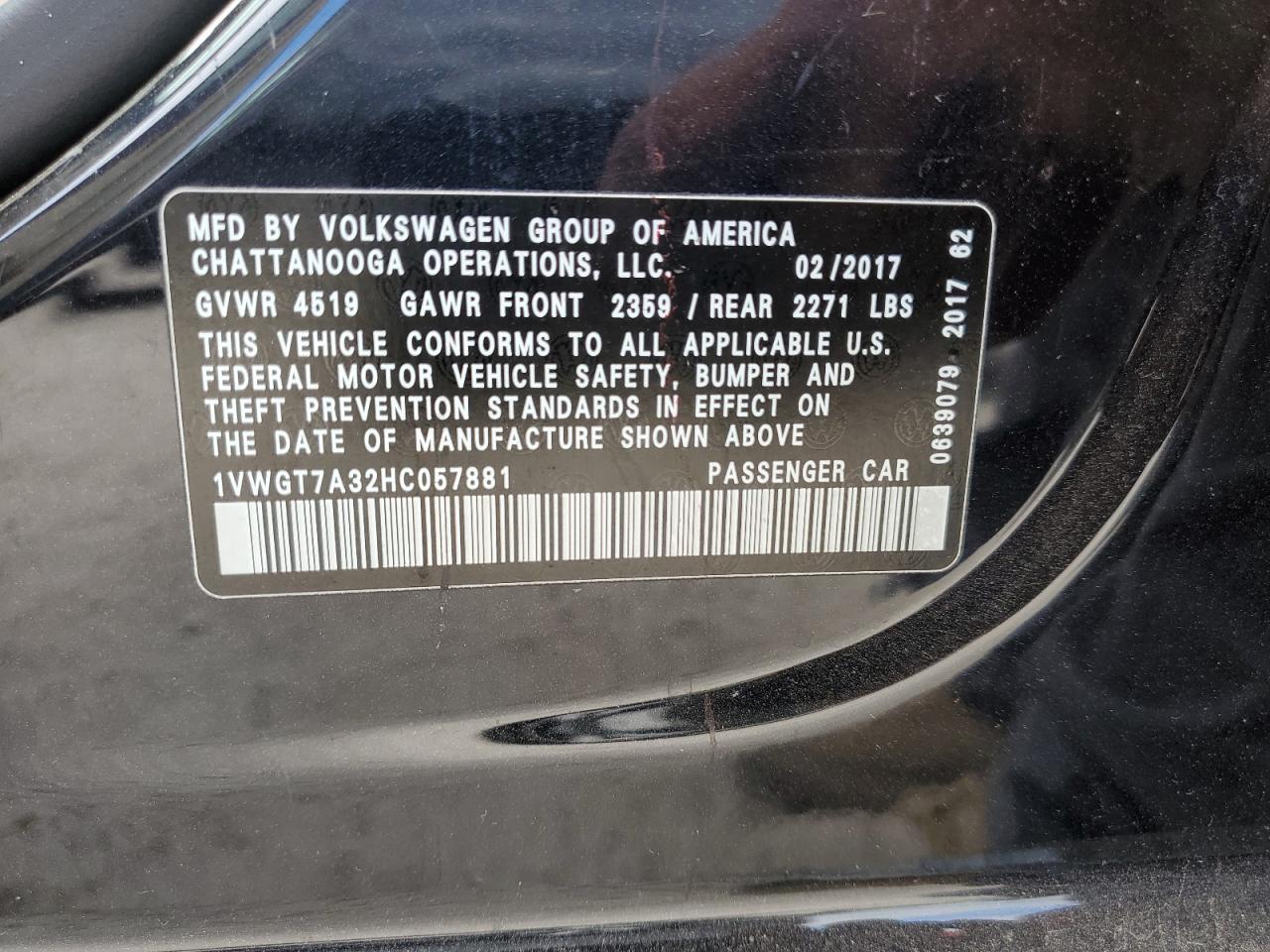 2017 Volkswagen Passat Se VIN: 1VWGT7A32HC057881 Lot: 92848385