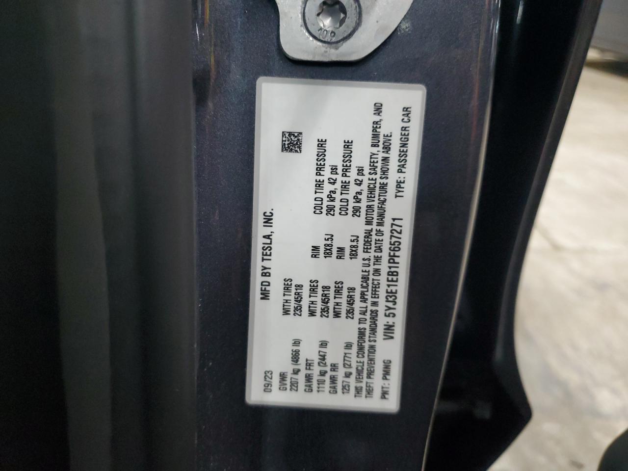 2023 Tesla Model 3 VIN: 5YJ3E1EB1PF657271 Lot: 90142065